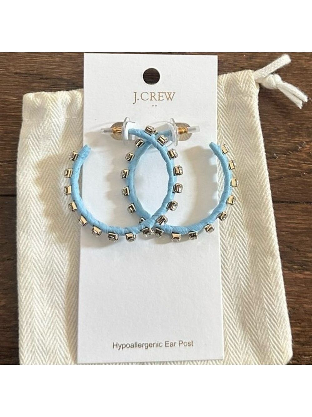 J.Crew-Woven rhinestone wrapped hoop earrings-blue-NWT - Picture 3 of 7